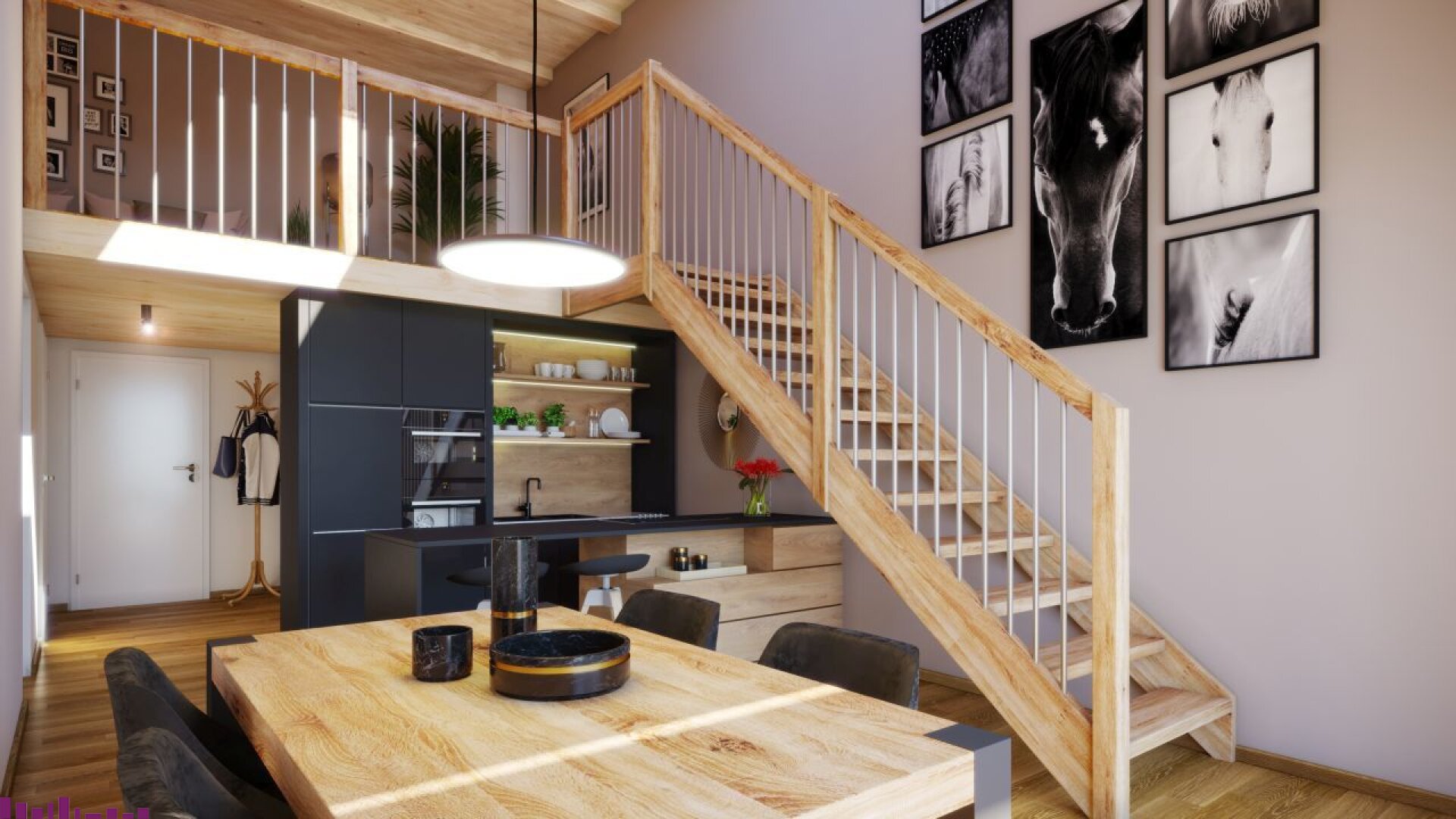 Wohnzimmer mit Holzfußboden und Treppe zur Gallerie
