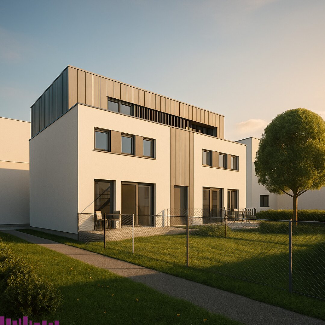 Modernes Reihenhaus mit heller Fassade und dunklen Akzenten, große Glasfronten zum Garten mit Terrasse und Zaun, links Außentreppe, rechts Baum auf Rasenfläche.